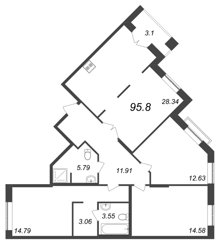 4-комнатная (Евро) квартира, 95.8 м² в ЖК "ID Park Pobedy" - планировка, фото №1