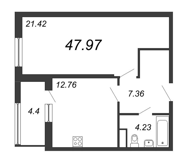 1-комнатная квартира, 48.6 м² - планировка, фото №1