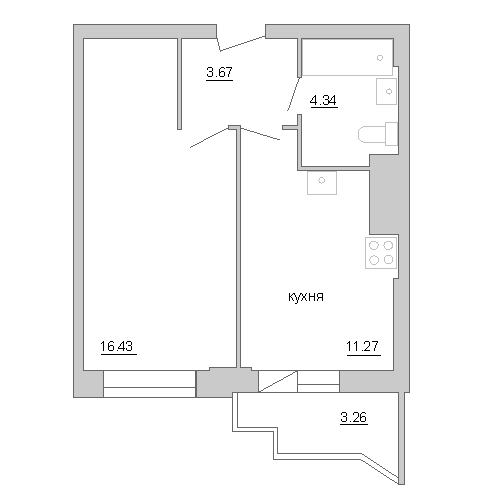 1-комнатная квартира, 38.3 м² - планировка, фото №1