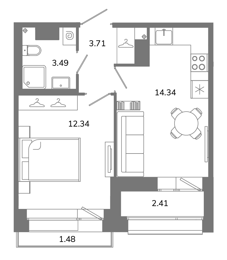 1-комнатная квартира, 35.52 м² в ЖК "Твой космос" - планировка, фото №1