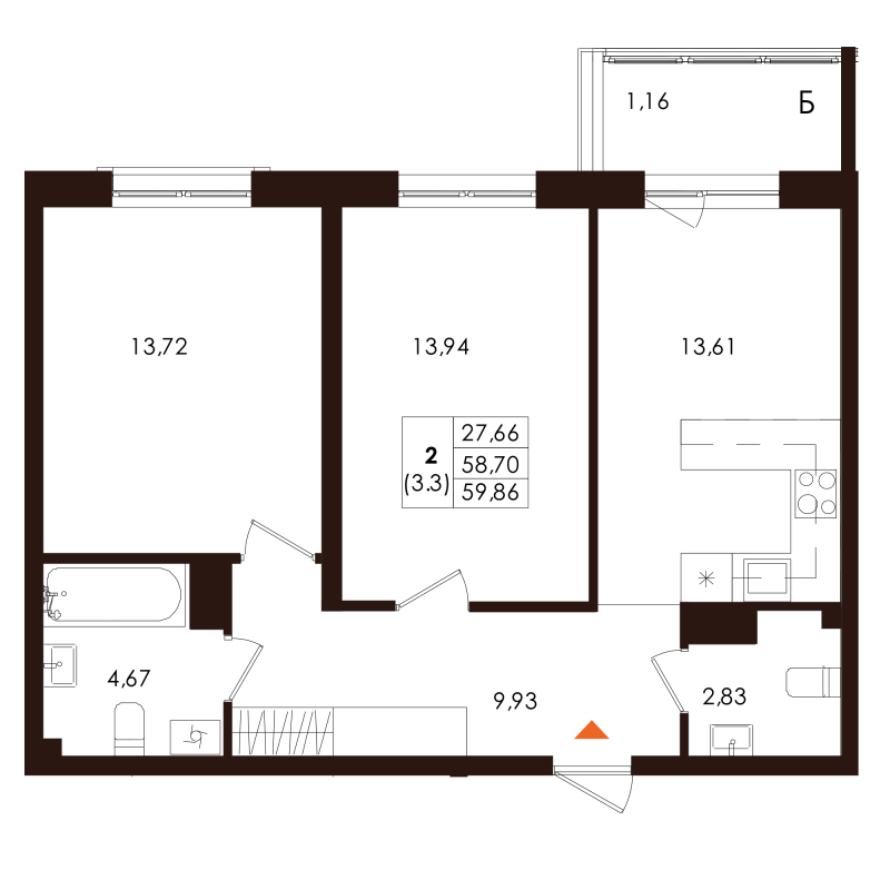 2-комнатная квартира, 59.86 м² - планировка, фото №1