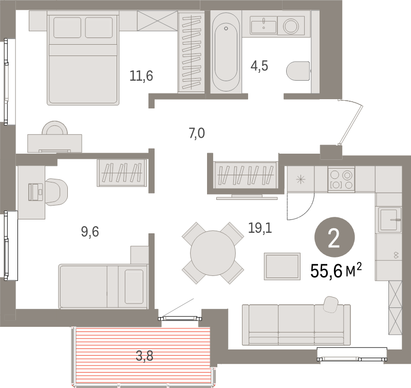 3-комнатная (Евро) квартира, 55.6 м² в ЖК "Брусника в Новоселье" - планировка, фото №1