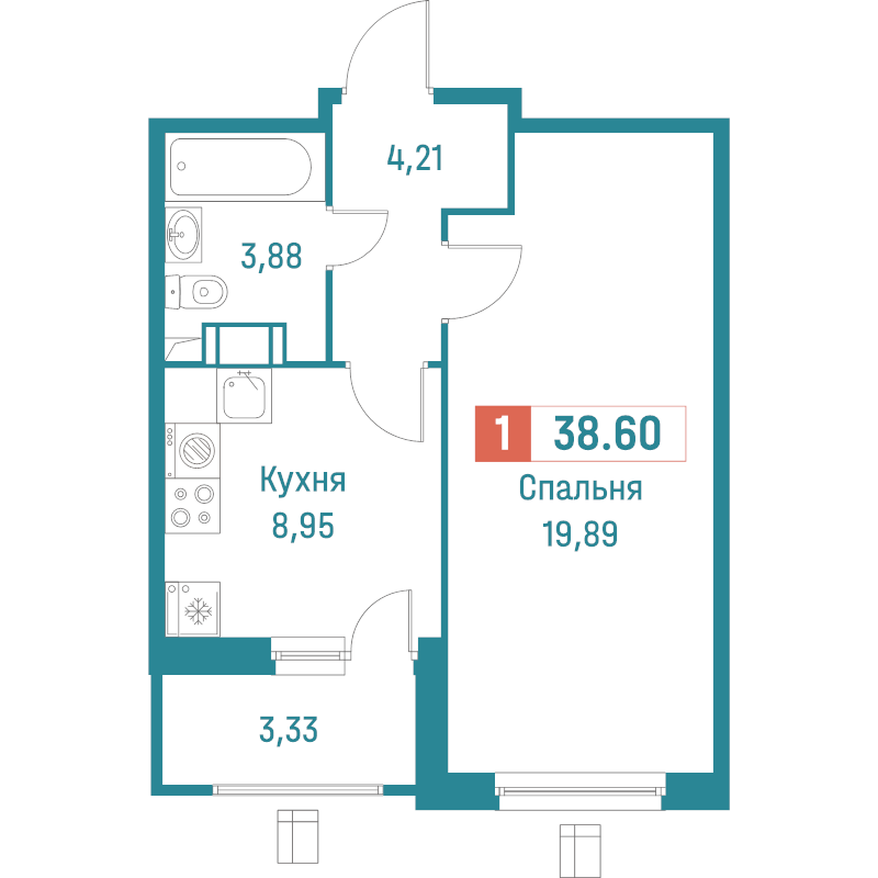 1-комнатная квартира, 38.6 м² в ЖК "Графика" - планировка, фото №1