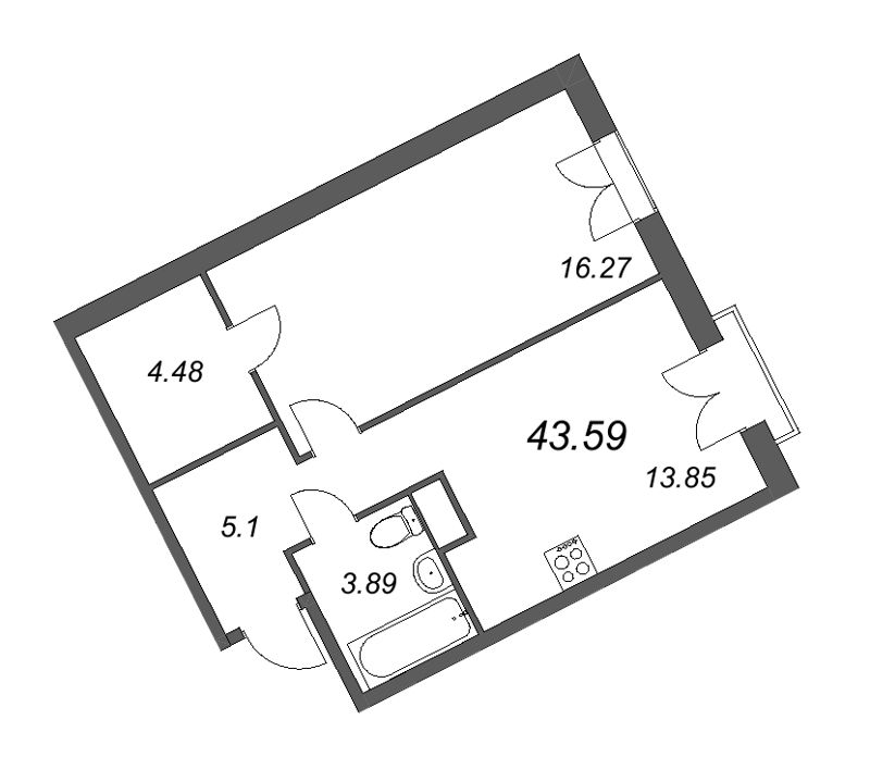 1-комнатная квартира, 43.59 м² - планировка, фото №1