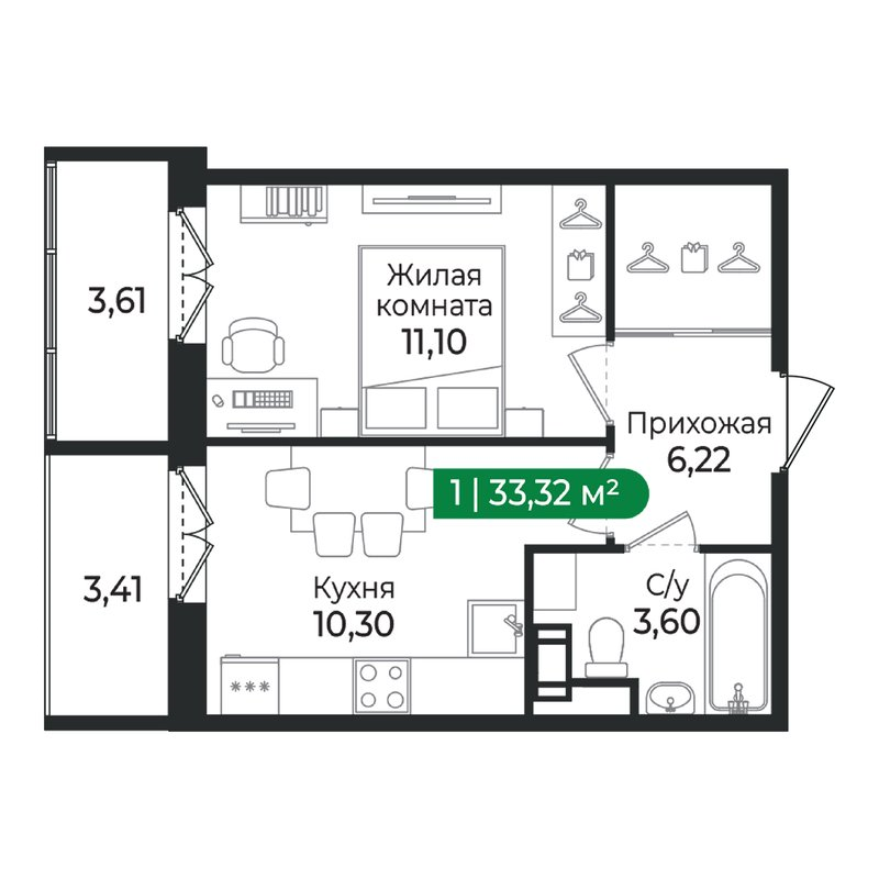 1-комнатная квартира, 33.32 м² в ЖК "Сертолово Парк" - планировка, фото №1