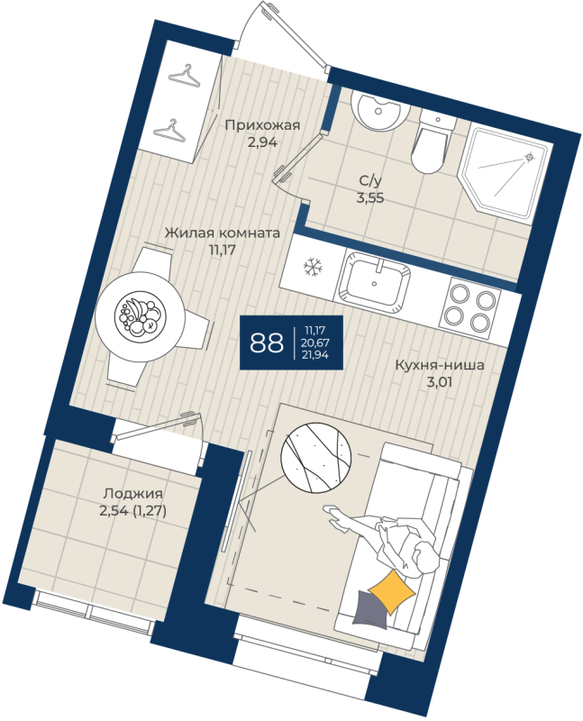 Квартира-студия, 21.94 м² в ЖК "Новатория" - планировка, фото №1