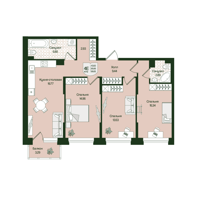 4-комнатная (Евро) квартира, 86.65 м² в ЖК "Охтинские высоты" - планировка, фото №1
