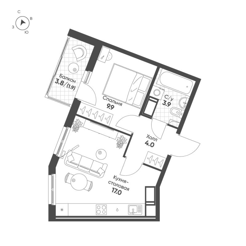 2-комнатная (Евро) квартира, 36.7 м² в ЖК "Клюква.Парк" - планировка, фото №1