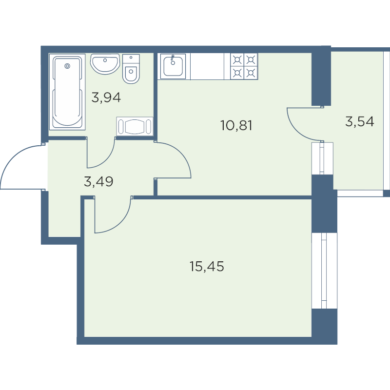 1-комнатная квартира, 34.75 м² - планировка, фото №1