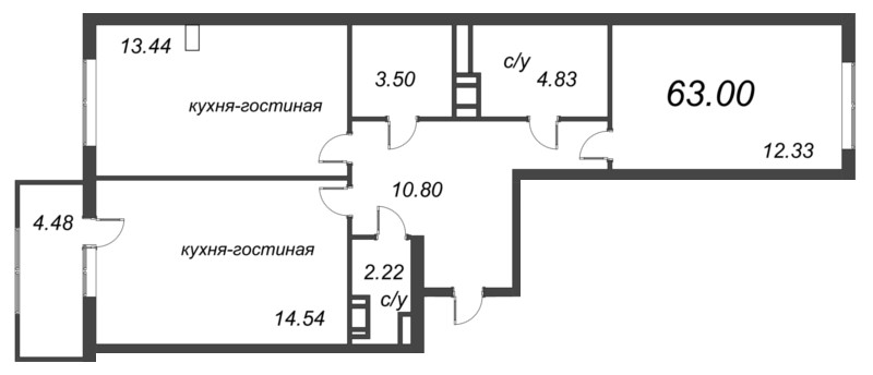 2-комнатная квартира, 66.14 м² - планировка, фото №1