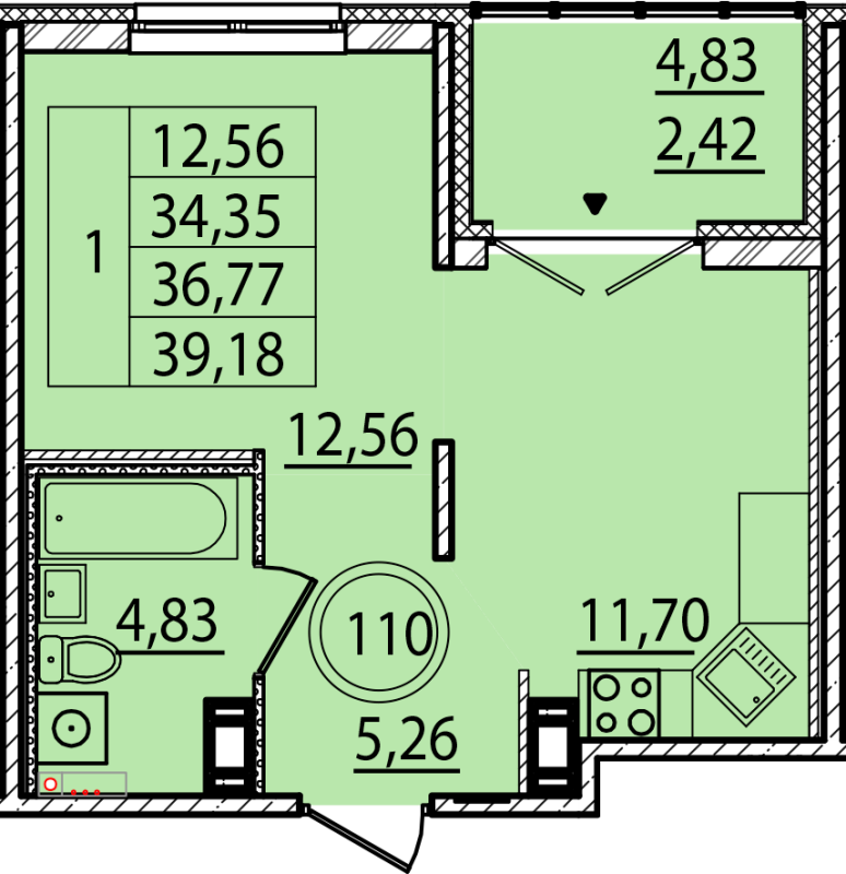 1-комнатная квартира, 34.35 м² - планировка, фото №1