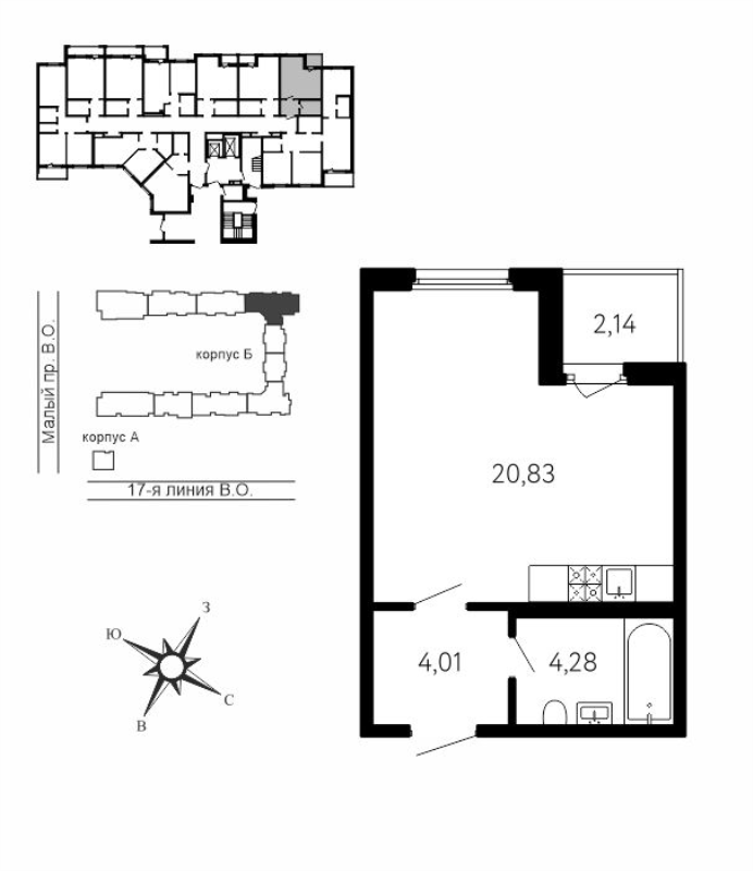 Квартира-студия, 30.19 м² в ЖК "17-я линия" - планировка, фото №1