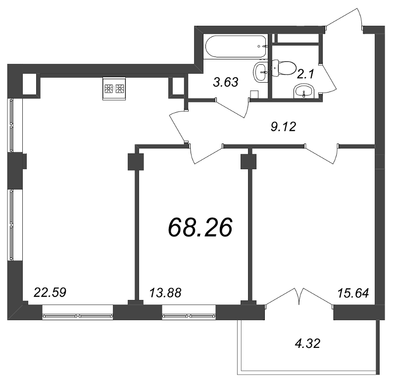 3-комнатная (Евро) квартира, 68.26 м² - планировка, фото №1