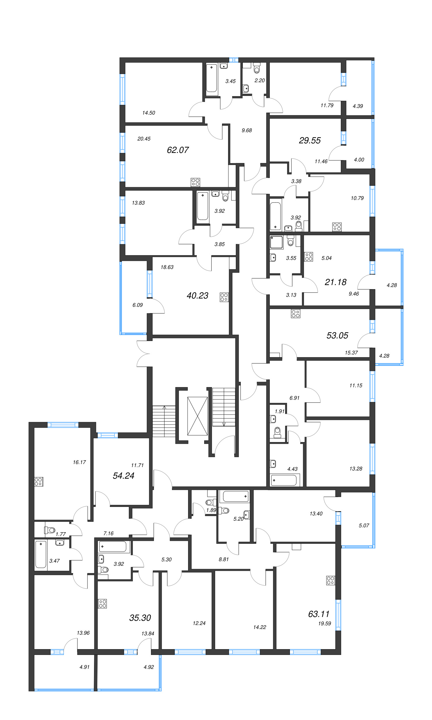 3-комнатная (Евро) квартира, 54.24 м² - планировка этажа
