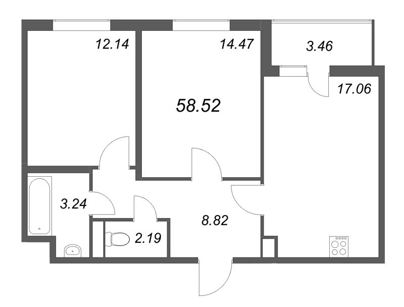 3-комнатная (Евро) квартира, 58.52 м² - планировка, фото №1