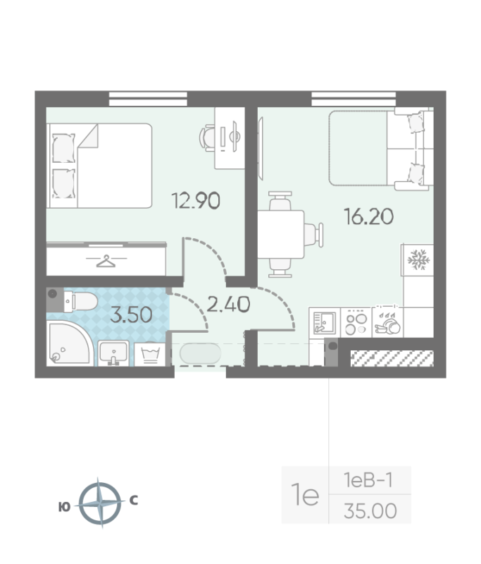 2-комнатная (Евро) квартира, 35 м² в ЖК "ЛСР. Ржевский парк" - планировка, фото №1