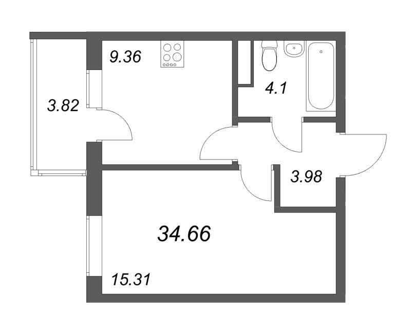 1-комнатная квартира, 34.66 м² в ЖК "Новая история" - планировка, фото №1
