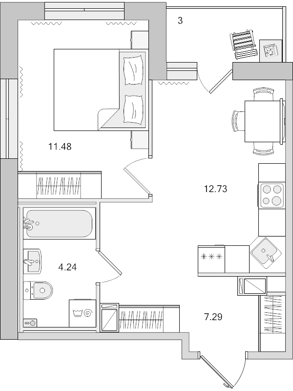 1-комнатная квартира, 38.74 м² - планировка, фото №1