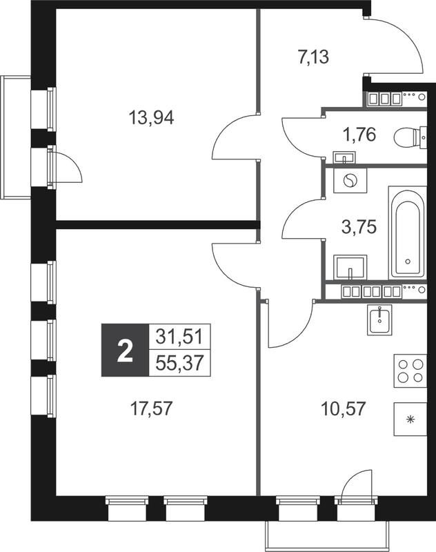 2-комнатная квартира, 55.37 м² в ЖК "Слобода" - планировка, фото №1