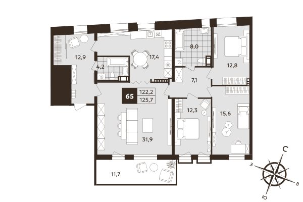 4-комнатная (Евро) квартира, 122.2 м² в ЖК "Дом на Бронницкой" - планировка, фото №1