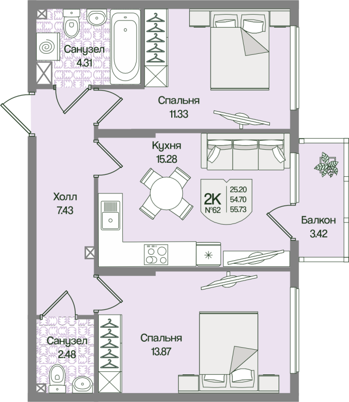 3-комнатная (Евро) квартира, 55.72 м² в ЖК "Охтинские высоты" - планировка, фото №1