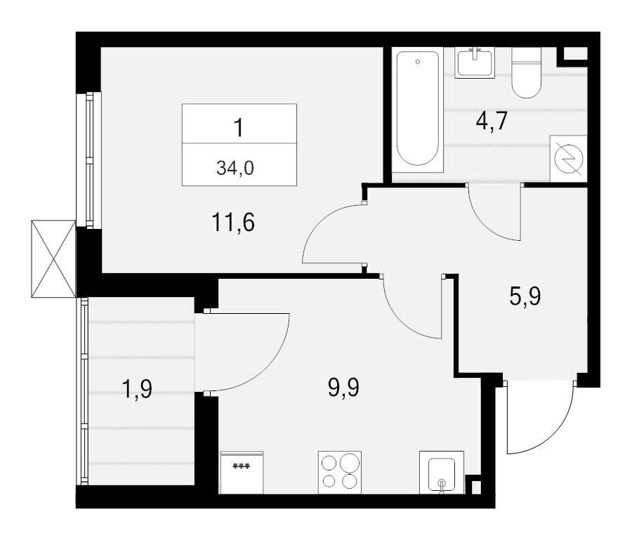 1-комнатная квартира, 34 м² в ЖК "А101 Лаголово" - планировка, фото №1