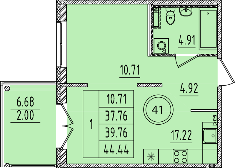 2-комнатная (Евро) квартира, 37.76 м² в ЖК "Образцовый квартал 14" - планировка, фото №1