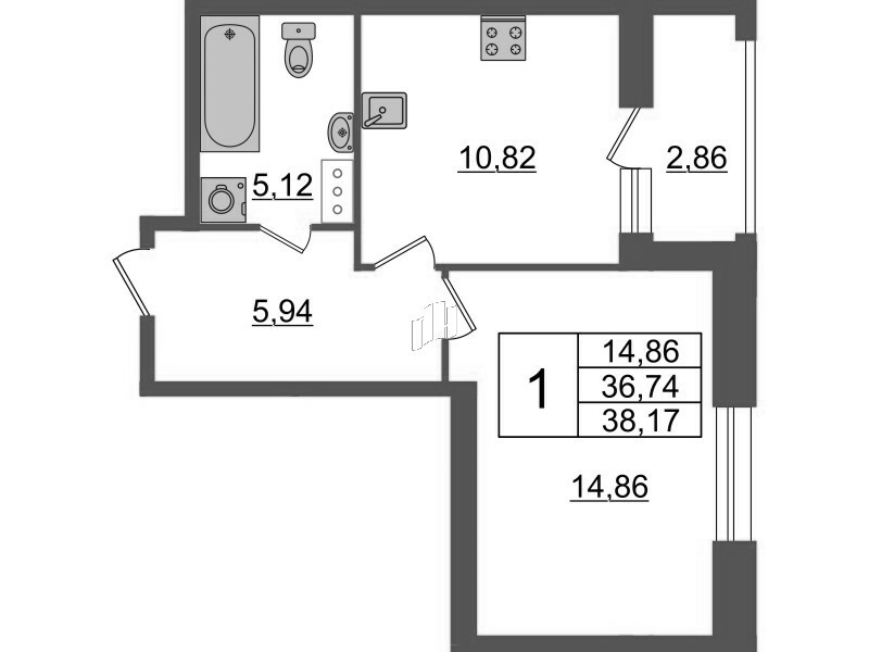 1-комнатная квартира, 38.17 м² - планировка, фото №1 1-комнатная квартира, 38.17 м² - планировка, фото №1