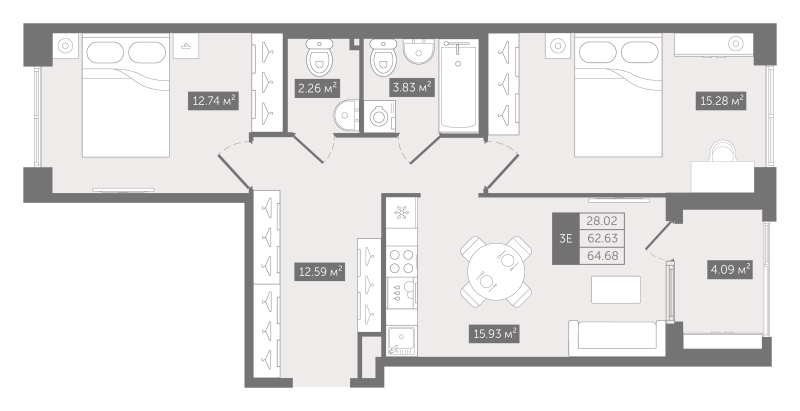 3-комнатная (Евро) квартира, 64.68 м² в ЖК "N8" - планировка, фото №1