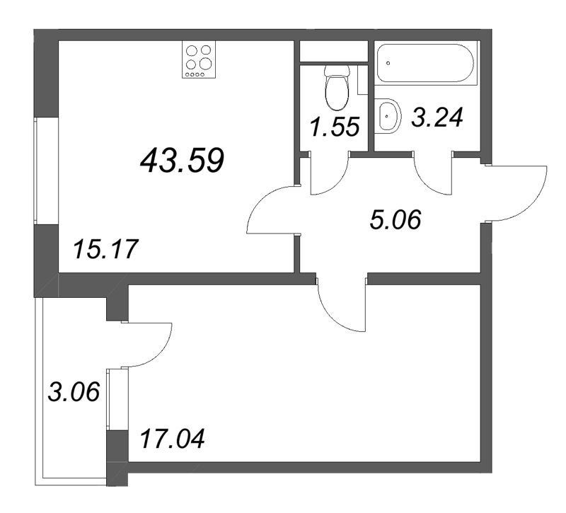 2-комнатная (Евро) квартира, 43.59 м² в ЖК "АРО" - планировка, фото №1