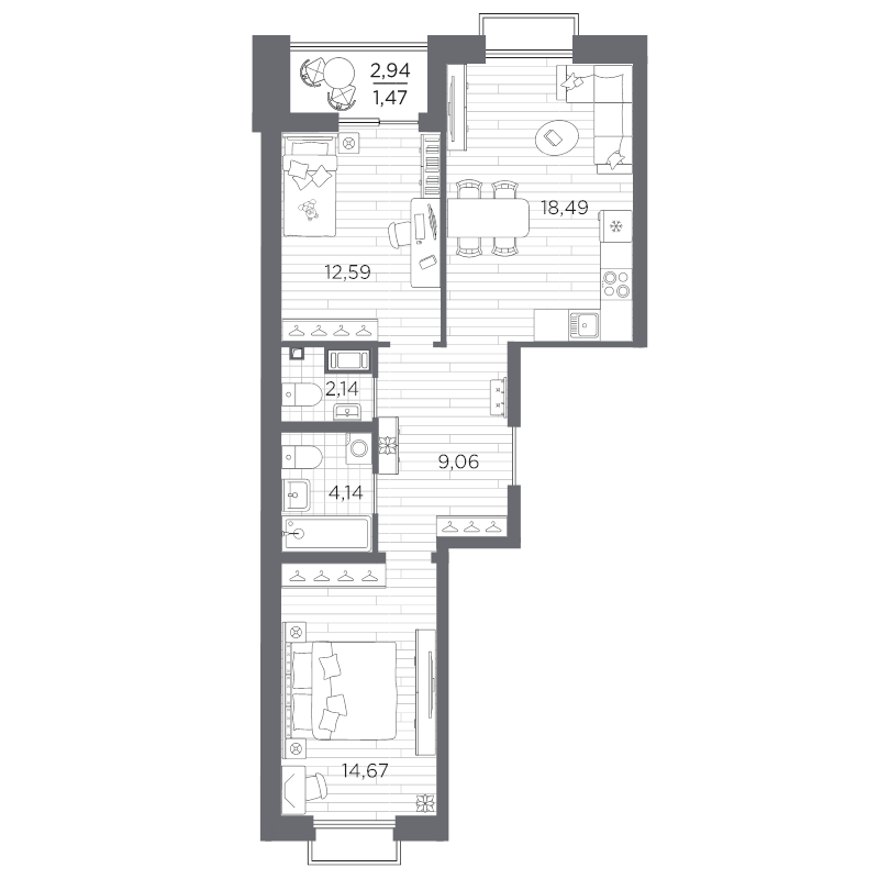 3-комнатная (Евро) квартира, 62.56 м² в ЖК "Респект" - планировка, фото №1