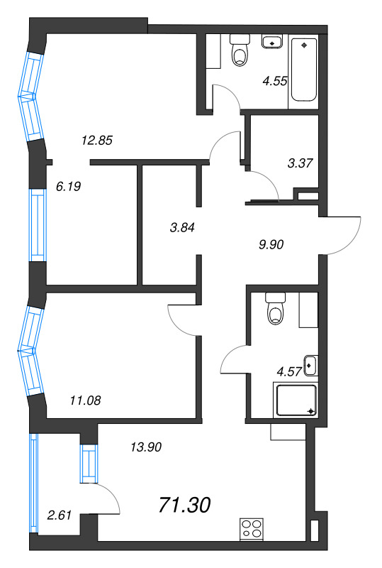 3-комнатная квартира, 71.3 м² - планировка, фото №1