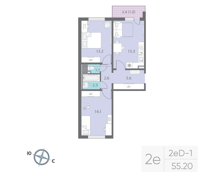 3-комнатная (Евро) квартира, 55.2 м² в ЖК "Цветной город" - планировка, фото №1