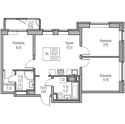 4-комнатная (Евро) квартира, 63.41 м² в ЖК "Юнтолово" - планировка, фото №1