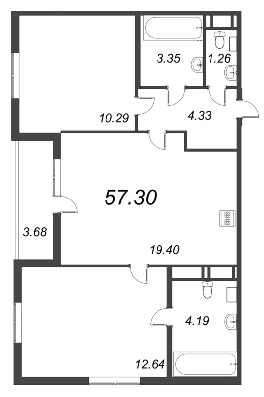 3-комнатная (Евро) квартира, 57.3 м² - планировка, фото №1