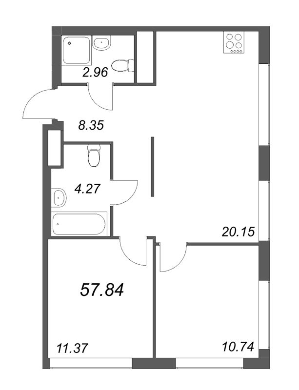 3-комнатная (Евро) квартира, 57.84 м² - планировка, фото №1