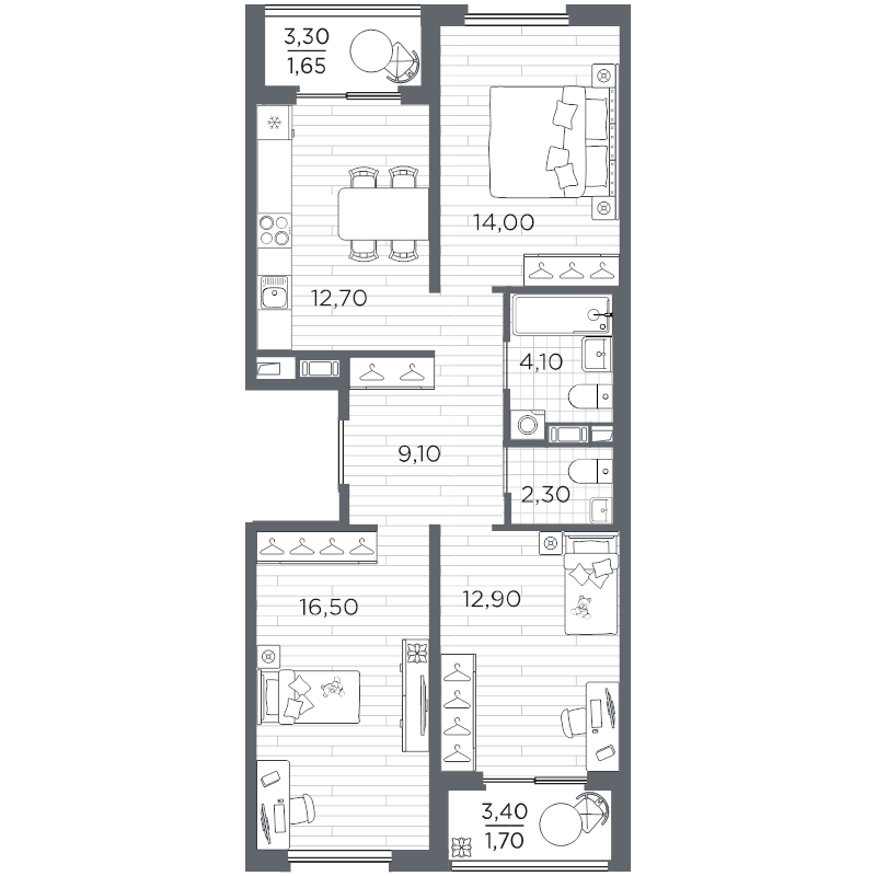 3-комнатная квартира, 75.4 м² в ЖК "Плюс Пулковский" - планировка, фото №1