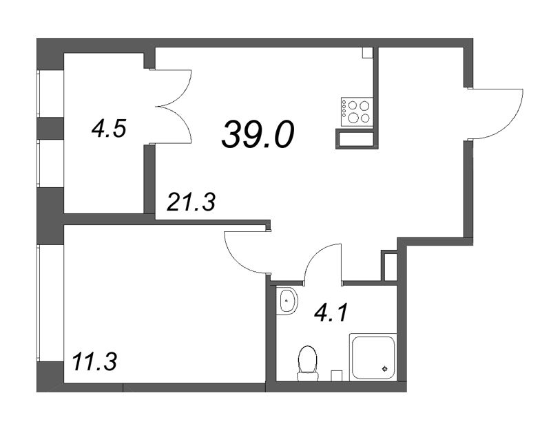2-комнатная (Евро) квартира, 38.7 м² - планировка, фото №1