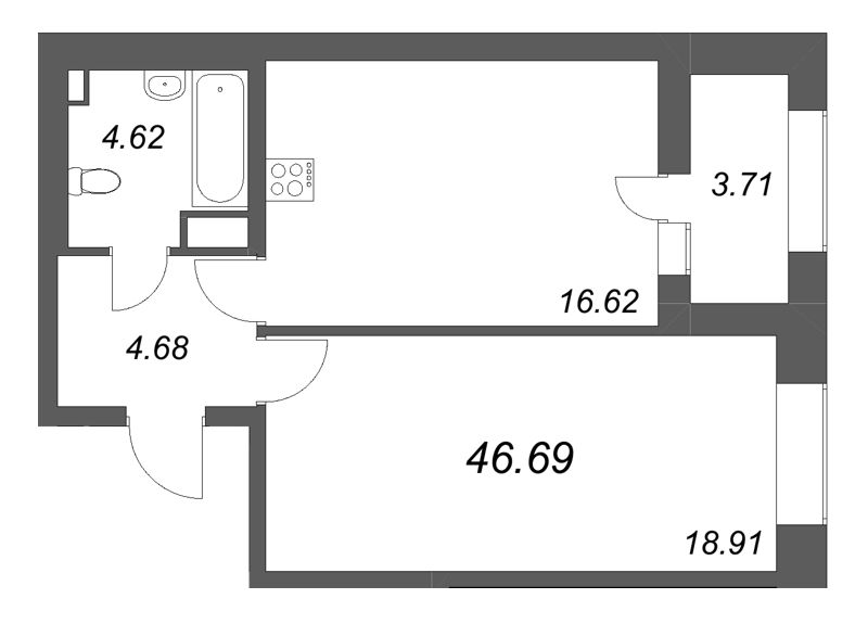 2-комнатная (Евро) квартира, 46.69 м² - планировка, фото №1