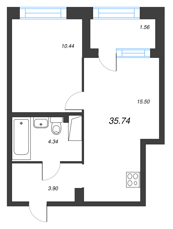 2-комнатная (Евро) квартира, 35.74 м² в ЖК "ORO by Akvilon" - планировка, фото №1