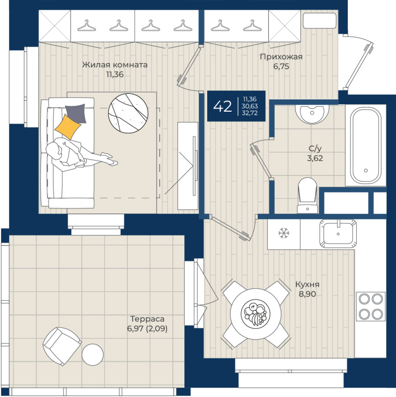 1-комнатная квартира, 32.72 м² в ЖК "Новатория" - планировка, фото №1