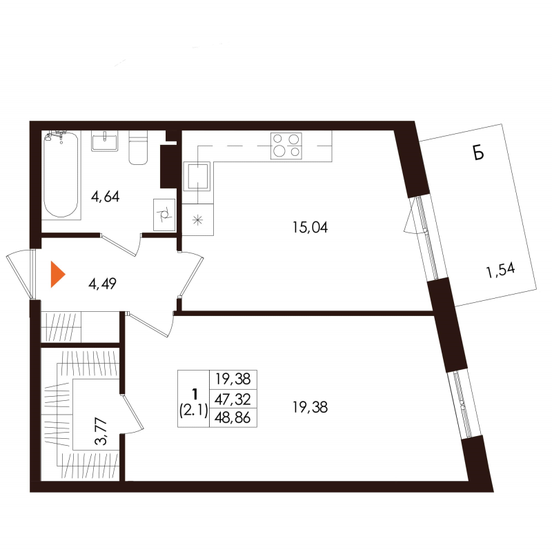 2-комнатная (Евро) квартира, 48.86 м² в ЖК "Лисино" - планировка, фото №1