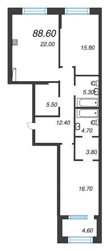 3-комнатная (Евро) квартира, 88.6 м² в ЖК "ЛДМ" - планировка, фото №1