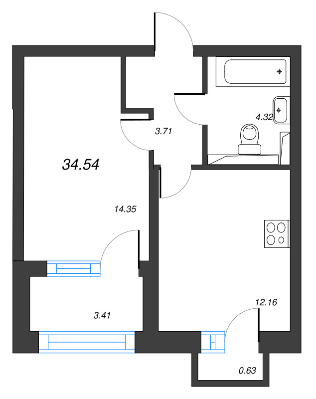 1-комнатная квартира, 36.44 м² - планировка, фото №1