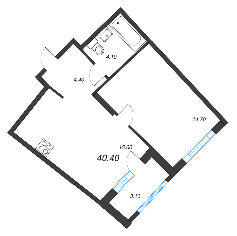 2-комнатная (Евро) квартира, 40.4 м² в ЖК "Ягодное Река Парк" - планировка, фото №1