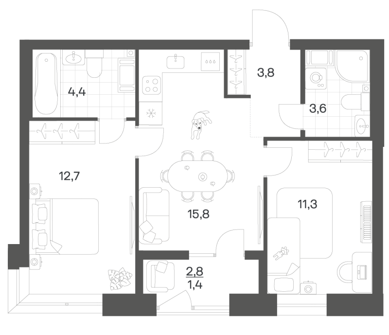 3-комнатная (Евро) квартира, 53 м² в ЖК "Новый Питер" - планировка, фото №1