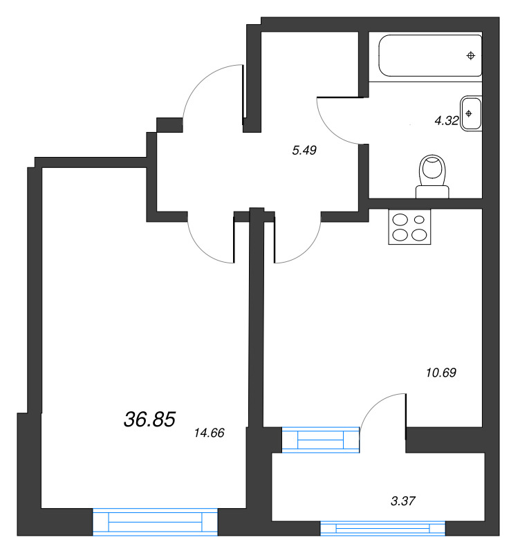 1-комнатная квартира, 36.6 м² - планировка, фото №1