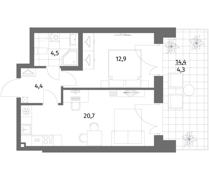 2-комнатная (Евро) квартира, 46.8 м² в ЖК "Парусная 1" - планировка, фото №1