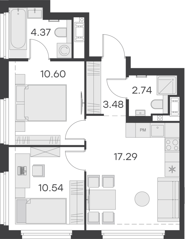 3-комнатная (Евро) квартира, 49.02 м² - планировка, фото №1