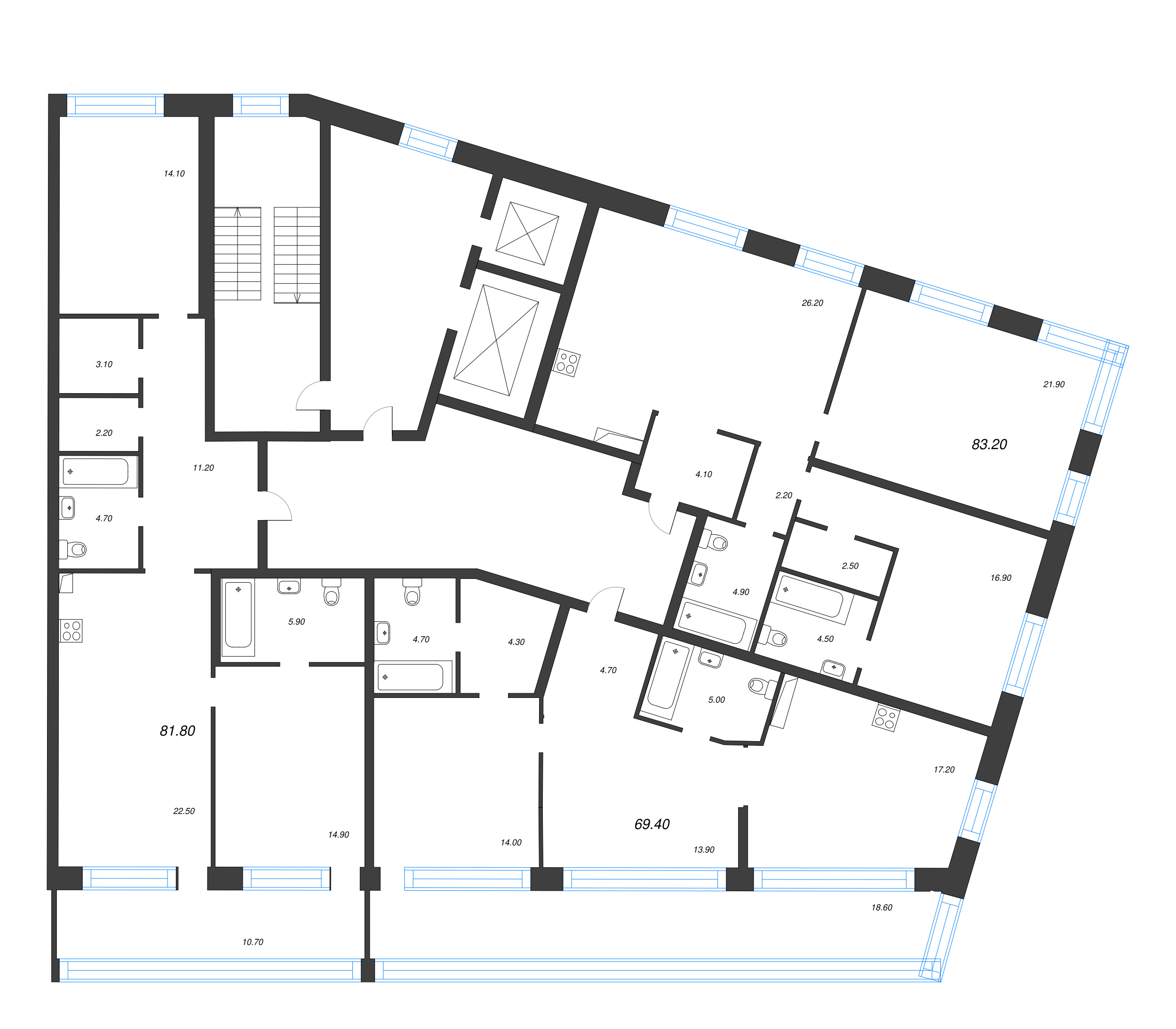 3-комнатная (Евро) квартира, 69.4 м² в ЖК "ЛДМ" - планировка этажа